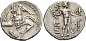 L. Cornelius Lentulus and C. Claudius Marcellus. Denarius, Apollonia and Asia 49, AR 3.92 g. Trisceles with winged head of Medusa in centre and corn e...
