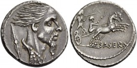 L. Hostilius Saserna. Denarius 48, AR 3.95 g. Bearded male head r.; behind, Gallic shield. Rev. [L·HOSTILIVS] Naked Gallic warrior in fast biga driven...