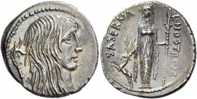 L. Hostilius Saserna. Denarius 48, AR 3.97 g. Female head r. with long hair; behind, carnyx. Rev. L·HOSTILIVS – SASERNA Artemis standing facing, holdi...