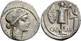 C. Iulius Caesar. Denarius, Illyria (Apollonia ?) early to mid 48, AR 3.78 g. Female head r., wearing diadem and oak wreath; behind, TII. Rev. CAE – S...