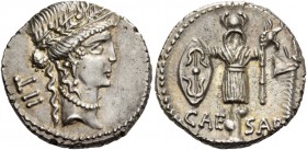 C. Iulius Caesar. Denarius, Illyria (Apollonia ?) early to mid 48, AR 3.77 g. Female head r., wearing diadem and oak wreath; behind, TII. Rev. CAE – S...