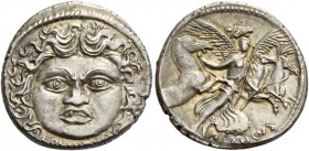 L. Plautius Plancus. Denarius 47, AR 3.52 g. Head of Medusa facing with dishevelled hair; below, L·PLAVTI[VS]. Rev. Victory facing, holding palm branc...