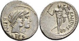 C. Antius C.f. Restio. Denarius 47, AR 3.91 g. Jugate heads of Dei Penates r.; below, DEI PENATES. Rev. C·ANTIVS·C·F Hercules walking r., with cloak o...