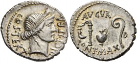 C. Iulius Caesar. Denarius, Sicily (?) 46, AR 3.93 g. COS·TERT – DICT·ITER Head of Ceres r., wearing wreath of barley. Rev. AVGVR Culullus, aspergillu...