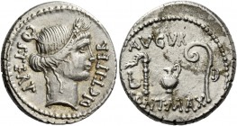 Denarius, Sicilia (?) 46, AR 3.94 g. COS·TERT – DICT·ITER Head of Ceres r., wearing corn wreath. Rev. AVGVR / PONT·MAX Culullus, aspergillum, jug and ...
