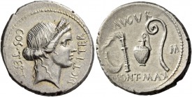 Denarius, Sicily (?) 46, AR 3.99 g. COS·TERT – DICT·ITER Head of Ceres r., wearing wreath of barley. Rev. AVGVR Culullus, aspergillum, jug and lituus....