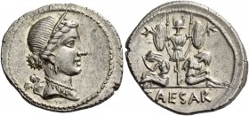 C. Iulius Caesar. Denarius, Spain 46-45, AR 3.91 g. Diademed head of Venus r.; behind, Cupid. Rev. Two captives seated at sides of trophy with oval sh...
