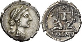 C. Iulius Caesar. Denarius, Spain 46-45, AR 3.81 g. Diademed head of Venus r.; behind, Cupid. Rev. Two captives seated at sides of trophy with oval sh...