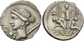 C. Iulius Caesar. Denarius, Spain 46-45, AR 4.01 g. Diademed and draped bust of Venus l., with star in hair and Cupid perched on shoulder. In l. field...