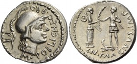 Cn. Pompeius Magnus and M. Poblicius. Denarius, Spain 46-45, AR 3.95 g. M·POBLICI·LEG PRO Helmeted head of Roma r.; behind, PR. Rev. CN·MAGNVS·IMP Fem...