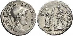 Cn. Pompeius Magnus and M. Poblicius. Denarius, Spain 46-45, AR 3.93 g. M·POBLICI·LEG PRO Helmeted head of Roma r.; behind, PR. Rev. CN·MAGNVS·IMP Fem...