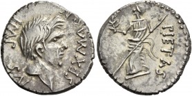 Sextus Pompeius Magnus Pius. Denarius, Southern Spain 44, AR 3.83 g. SEX MAGN – IMP SAL Bare head of Cnaeus Pompeius r. Rev. PIETAS Pietas standing l....