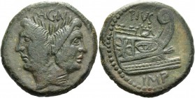 Sextus Pompeius Magnus Pius. As, Sicily circa 42-38, Æ 26.60 g. MAGN Laureate Janiform head of Pompey the Great. Rev. PIVS Prow r.; below, IMP. Babelo...