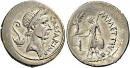 C. Iulius Caesar and M. Mettius. Denarius 44, AR 3.91 g. CAESAR·IMP Wreathed head of Caesar r.; behind, lituus and culullus. Rev. M METTIVS Venus stan...