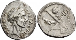 C. Iulius Caesar with L. Aemilius Buca. Denarius 44, AR 4.08 g. CAESAR·DICT – PERPETVO Wreathed head of Caesar r. Rev. Fasces and caduceus in saltire;...