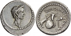 L. Musidius T.f. Longus. Denarius 42, AR 4.07 g. Laureate head of Caesar r. Rev. L·MVSSIDIVS· LONGVS Rudder, cornucopiae on globe, caduceus and apex. ...