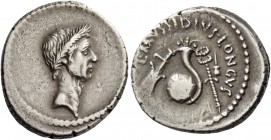 L. Musidius T.f. Longus. Denarius 42, AR 3.54 g. Laureate head of Caesar r. Rev. L·MVSSIDIVS· LONGVS Rudder, cornucopiae on globe, caduceus and apex. ...