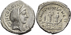 L. Musidius T.f. Longus. Denarius 42, AR 3.75 g. CONCORDIA Diademed and veiled bust of Concordia r.; below chin, star. Rev. L·MVSSIDIVS·LONGVS Shrine ...