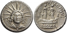 L. Musidius T.f. Longus. Denarius 42, AR 3.85 g. Radiate and draped bust of Sol facing three-quarters r. Rev. [L·MVSSI]DIVS· LONGVS Shrine of Venus Cl...