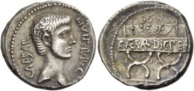 Octavianus. Denarius, mint moving with Octavian 42, AR 3.98 g. CAESAR·III·VIR – R·P·C Bare head of Octavian r. with light beard. Rev. Curule chair ins...