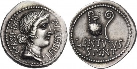 C. Cassius Longinus with Lentulus Spinther. Denarius, mint moving with Brutus and Cassius 43-42, AR 3.58 g. C·CASSI·IMP – LEIBERTAS Diademed head of L...