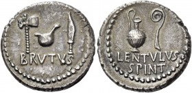 Q. Caepio Brutus and Lentulus Spint. Denarius, mint moving with Brutus and Cassius 43-42, AR 3.83 g. BRVTVS Axe, culullus and knife r. Rev. Jug and li...