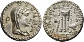 Q. Caepio Brutus and L. Sestius Pro. Q. Denarius, mint moving with Brutus 43-42, AR 3.55 g. L·SESTI P – RO – Q Veiled and draped bust Libertas r. Rev....