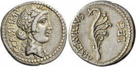 Denarius, mint moving with Brutus and Cassius 43-42, AR 3.91 g. C CASSI IMP Laureate head of Libertas r. Rev. M SERVILIVS – LEG Aplustre, the branches...