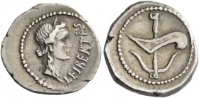 Quinarius, mint moving with Brutus 43-42, AR 1.84 g. LEIBERTAS Laureate head of Libertas r. Rev. Prow-stem and anchor in saltire. Babelon Junia 33. C ...