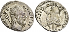 Sextus Pompeius. Denarius, Sicily 37-36, AR 3.52 g. MAG PI – VS – IMP ITER Head of Neptune r., hair tied with band with trident over shoulder. Rev. PR...