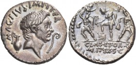 Sextus Pompeius. Denarius, Sicily 37-36, AR 3.82 g. MAG·PIVS·IMP·ITER Head of Cn. Pompeius Magnus r.; behind jug and before, lituus. Rev. [PRÆF] Neptu...