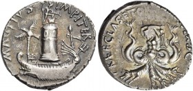 Sextus Pompeius. Denarius, Sicily 37-36, AR 4.01 g. MAG·PIVS – IMP·ITER Pharos of Messana, surmounted by statue of Neptune, helmeted, holding trident ...