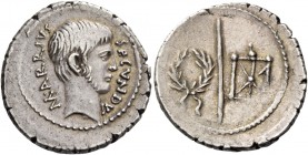 M. Arrius Secundus. Denarius 43, AR 4.18 g. M·ARRIVS – SECVNDVS Male head r., with slight beard. Rev. Hasta pura between wreath and phalerae. Babelon ...