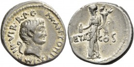 Marcus Antonius. Denarius, mint moving with M. Antonius 41, AR 4.08 g. M·ANTONIVS·IMP ·III·VIR·R·P·C· Head of M. Antonius r.; behind, lituus. Rev. [P]...