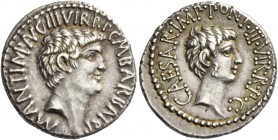 Marcus Antonius and C. Caesar Octavianus with M. Barbatius. Denarius, mint moving with M. Antonius 41, AR 3.75 g. M·ANT·IMP·AVG·III·VIR·R·P·C·M BARBAT...