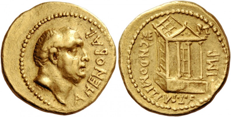Cn. Domitius Ahenobarbus. Aureus, mint moving with Ahenobarbus in 41 BC, AV 8.00...