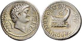 Marcus Antonius and Cn. Domitius Ahenobarbus. Denarius, mint moving with M. Antonius 40, AR 3.87 g. ANT·IMP·AVG III VIR·R·P·C Head of M. Antonius r.; ...