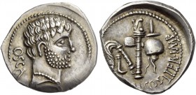 Cn. Domitius Calvinus. Denarius, Osca 39, AR 3.98 g. OSCA Head of Hercules, r. Rev. [DOM]·COS· ITER·IMP Simpulum, aspergillum, axe and apex. Sydenham ...