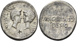 Octavianus and M. Vipsanius Agrippa. Denarius, mint moving with Octavian 38, AR 3.68 g. DIVOS IVLIVS – DIVI·F Confronted heads of Julius Caesar, wreat...