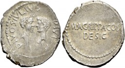 Marcus Antonius. Denarius, mint moving with Octavian 38, AR 3.96 g. DIVOS IVLIVS – DIVI·[F] Confronted heads of Julius Caesar, wreathed r., and Octavi...