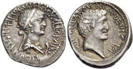 Cleopatra with Marcus Antonius. Denarius, mint moving with M. Antonius 32, AR 3.72 g. CLEOPATRAE ·REGINAE·REGVM·FILIORVM·REGVM Draped and diademed bus...