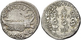 Marcus Antonius. Denarius, mint moving with M. Antonius 32-31, AR 3.73 g. ANT AVG – [III]·VIR·R·P·C Galley r., with sceptre tied with fillet on prow. ...