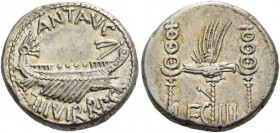 Marcus Antonius. Denarius, mint moving with M. Antonius 32-31, AR 3.70 g. ANT AVG – III·VIR·R·P·C Galley r., with sceptre tied with fillet on prow. Re...