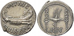 Marcus Antonius. Denarius, mint moving with M. Antonius 32-31, AR 3.78 g. ANT AVG – III·VIR·R·P·C Galley r., with sceptre tied with fillet on prow. Re...