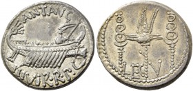 Marcus Antonius. Denarius, mint moving with M. Antonius 32-31, AR 3.80 g. ANT AVG – III·VIR·R·P·C Galley r., with sceptre tied with fillet on prow. Re...