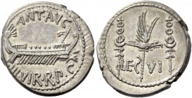 Marcus Antonius. Denarius, mint moving with M. Antony 32-31, AR 3.53 g. ANT AVG – III·VIR·R·P·C Galley r., with sceptre tied with fillet on prow. Rev....