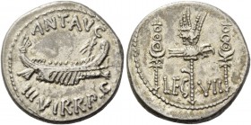 Marcus Antonius. Denarius, mint moving with M. Antonius 32-31, AR 3.47 g. ANT AVG – III·VIR·R·P·C Galley r., with sceptre tied with fillet on prow. Re...