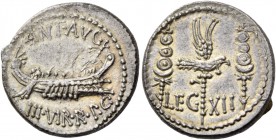 Marcus Antonius. Denarius, mint moving with M. Antonius 32-31, AR 4.03 g. ANT AVG – III·VIR·R·P·C Galley r., with sceptre tied with fillet on prow. Re...