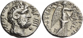 M. Antonius with M. Pinarius Scarpus. Denarius, Cyrenaica 31, AR 3.67 g. M·ANTO COS III – IMP IIII Head of Jupiter Ammon r. Rev. AN[TONIO] / AVG – P /...