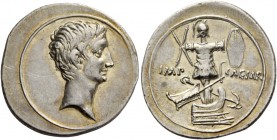 Octavian, 32 – 27. Denarius, Brundisium and Roma (?) 29-27 BC, AR 3.38 g. Bare head r. Rev. IMP – CAESAR Trophy set on prow; at base, prow and anchor ...